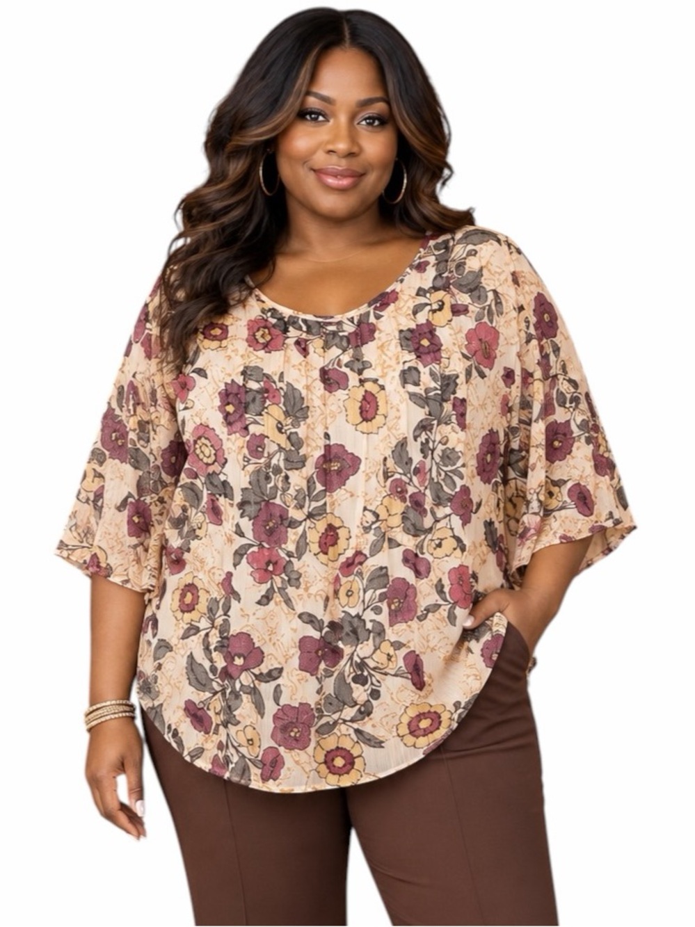 Style & Co 0X Sheer Warm Floral Tiered Bell Sleeve Blouse Chic Contemporary